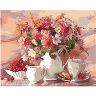 Diamondi - FLOWERS IN WHITE VASE WITH WHITE CUP, 40x50 cm, off canvas on frame - Diamond Painting