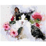 Diamondi - BLACK AND WHITE CAT AND PINK FLOWERS, 40x50 cm, unframed and without canvas - Diamond Painting
