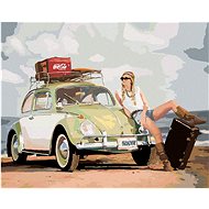 Diamondi - GREEN CAR BROUGH AND WOMAN WITH A COFFEE, 40x50 cm, off canvas on frame - Diamond Painting