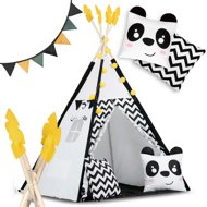 Nukido Children's tent with garland and lights - white, black with panda - Tent for Children