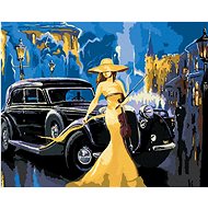 Car and girl with violin, 40×50 cm, stretched canvas on frame - Painting by Numbers