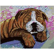 Bulldog in cow costume, 80×100 cm, stretched canvas on frame - Painting by Numbers
