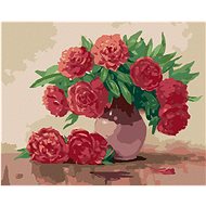 Red peonies in ceramic vase, 40×50 cm, off canvas on frame - Painting by Numbers