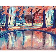 Red House in a Forest with a Magical Lake, 80×100 cm, stretched canvas on frame - Painting by Numbers