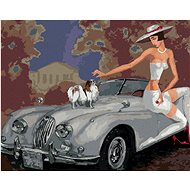 Lady with a dog on a convertible, 40×50 cm, stretched canvas on frame - Painting by Numbers