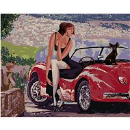 Lady sitting on an old convertible, 80×100 cm, without frame and without canvas shut off - Painting by Numbers