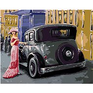 Lady in a pink dress by a car, 80×100 cm, without frame and without canvas shut off - Painting by Numbers