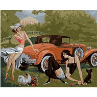 Ladies with dogs by a car, 40×50 cm, without frame and without canvas shut off - Painting by Numbers