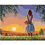 Girl with a bouquet of tulips, 40×50 cm, stretched canvas on frame - Painting by Numbers