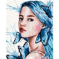 Dívka s modrými vlasy a motýly, 80×100 cm, bez rámu a bez vypnutí plátna - Painting by Numbers
