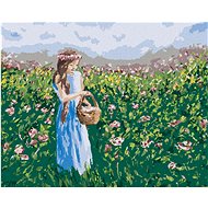 Girl collecting flowers in a basket, 40×50 cm, stretched canvas on frame - Painting by Numbers
