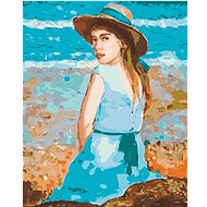 Girl in blue dress with hat, 40×50 cm, stretched canvas on frame - Painting by Numbers