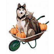 Two huskies on wheels, 40×50 cm, stretched canvas on frame - Painting by Numbers