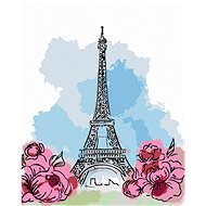 Eiffel Tower in Paris with pink flowers, 80×100 cm, stretched canvas on frame - Painting by Numbers