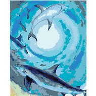 A school of sharks and fish swimming in the dark sea, 40×50 cm, stretched canvas on frame - Painting by Numbers