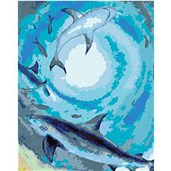 A school of sharks and fish swimming in the dark sea, 80×100 cm, stretched canvas on frame - Painting by Numbers