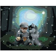 Husky and little boy in the forest, 40×50 cm, stretched canvas on frame - Painting by Numbers