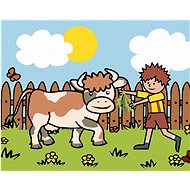 Boy with a cow in a pasture, 80×100 cm, stretched canvas on frame - Painting by Numbers