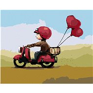 Boy with heart balloons on a scooter, 40×50 cm, without frame and without canvas shut off - Painting by Numbers