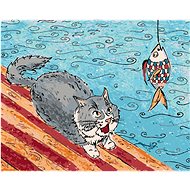 Cat Catching a Fish, 80×100 cm, without frame and without canvas shut off - Painting by Numbers
