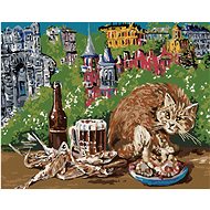 Cat with food on a table, 40×50 cm, stretched canvas on frame - Painting by Numbers