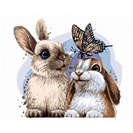 Rabbits and a butterfly, 80×100 cm, without frame and without canvas shut off - Painting by Numbers