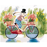 Rabbit in a hat on a bicycle, 40×50 cm, without frame and without shutting off the canvas - Painting by Numbers