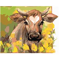 Cow among yellow flowers, 80×100 cm, stretched canvas on frame - Painting by Numbers