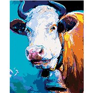 Cow on blue background, 80×100 cm, stretched canvas on frame - Painting by Numbers