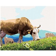 Cow in a pasture by the mountains, 40×50 cm, stretched canvas on frame - Painting by Numbers