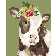 Cow with flower on green background (Haley Bush), 40×50 cm, stretched canvas on frame - Painting by Numbers