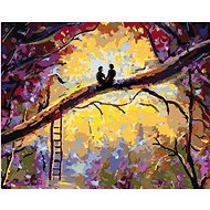 Love on a tree trunk in the forest, 80×100 cm, stretched canvas on frame - Painting by Numbers
