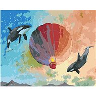 Flying killer whales with hot air balloon, 80×100 cm, without frame and without canvas shutdown - Painting by Numbers