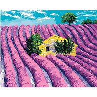 Lavender field with a small cottage in the middle, 80×100 cm, stretched canvas on frame - Painting by Numbers