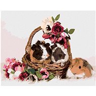 Guinea pigs in a basket with flowers, 40×50 cm, without frame and without canvas shut off - Painting by Numbers