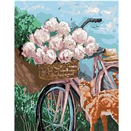Peonies in a basket on a wheel, 40×50 cm, without frame and without shutting off the canvas - Painting by Numbers