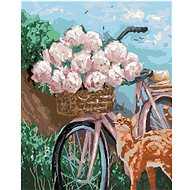 Peonies in a basket on a wheel, 80×100 cm, without frame and without shutting off the canvas - Painting by Numbers