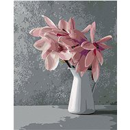Pink magnolias in white ceramic vase, 40×50 cm, off canvas on frame - Painting by Numbers