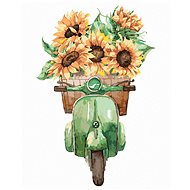 Scooter full of sunflowers, 80×100 cm, off canvas on frame - Painting by Numbers