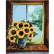 Slunečnice ve váze u okna, 80×100 cm, vypnuté plátno na rám - Painting by Numbers