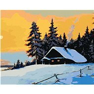 Srub v zimním lese a západ slunce, 80×100 cm, vypnuté plátno na rám - Painting by Numbers