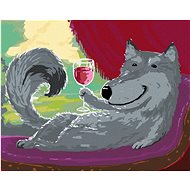 Grey wolf on a sofa with a glass of wine, 40×50 cm, stretched canvas on frame - Painting by Numbers