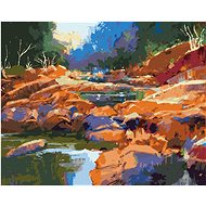 Flowing river between stones in a forest, 40×50 cm, stretched canvas on frame - Painting by Numbers
