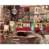 Tram passing through a night city, 40×50 cm, stretched canvas on frame - Painting by Numbers