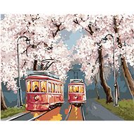 Trams under the cherry blossoms, 80×100 cm, stretched canvas on frame - Painting by Numbers