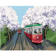 Trams in a cherry alley, 40×50 cm, stretched canvas on frame - Painting by Numbers