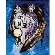 Wolf with amulet feathers, 80×100 cm, without frame and without canvas shut off - Painting by Numbers