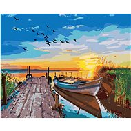 Sunset over a lake with a boat, 40×50 cm, stretched canvas on frame - Painting by Numbers