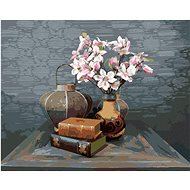 Still life of magnolias and old books on a table, 80×100 cm, without frame and without turning off t - Painting by Numbers
