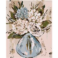 Still life of blue and white flowers in a vase (Haley Bush), 80×100 cm, without frame and without ca - Painting by Numbers
